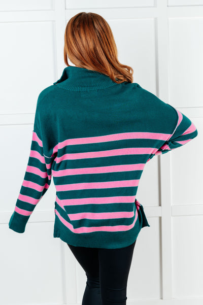 Well Situated Striped Quarter Zip Sweater in Green and Pink Ave Shops