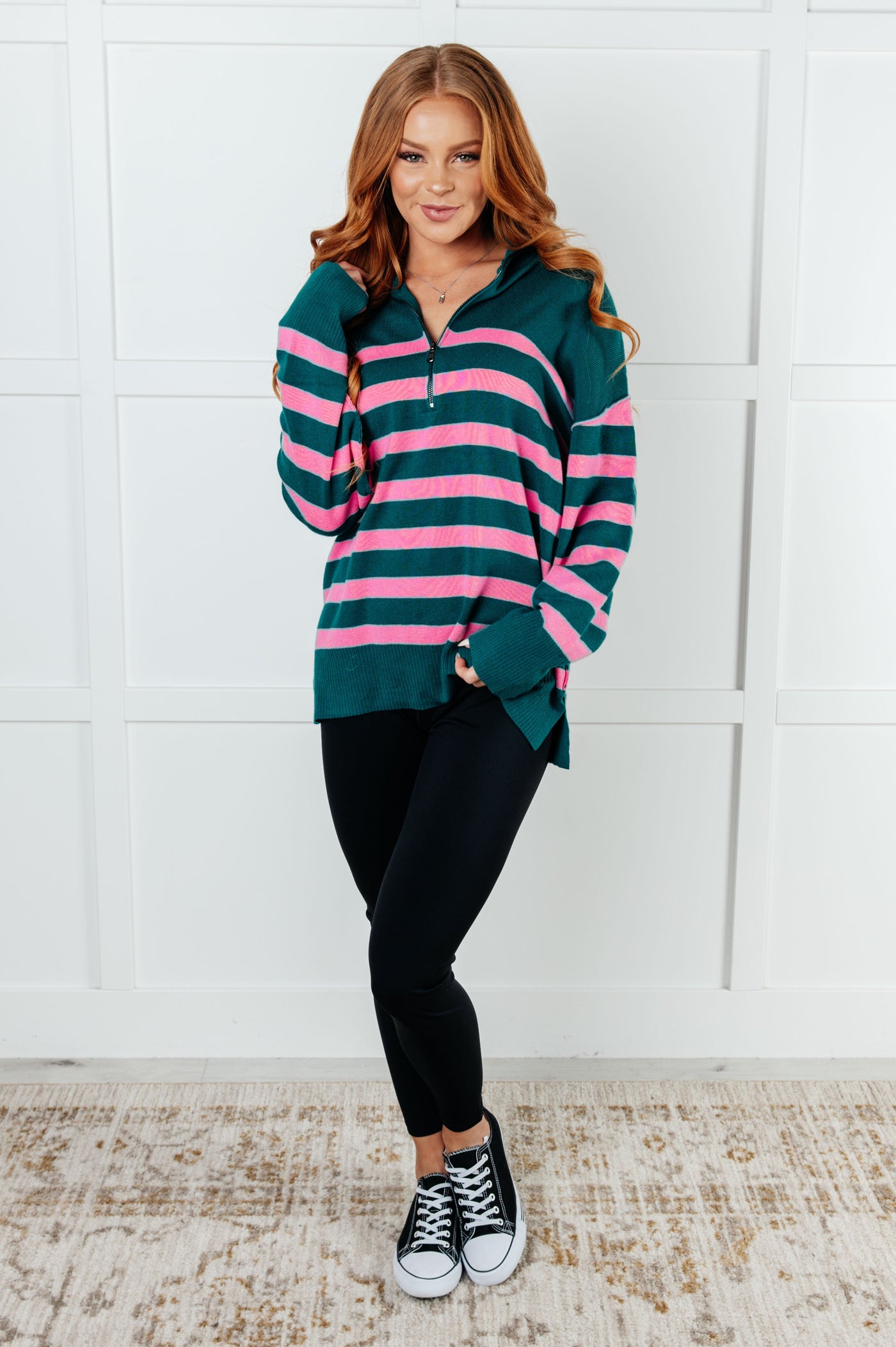 Well Situated Striped Quarter Zip Sweater in Green and Pink Ave Shops