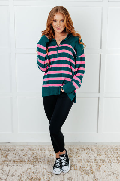 Well Situated Striped Quarter Zip Sweater in Green and Pink Ave Shops