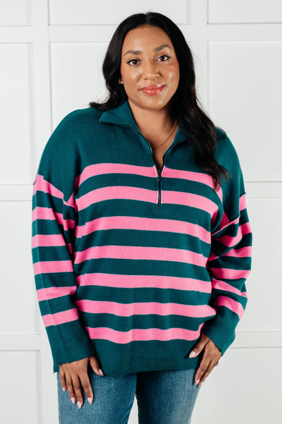 Well Situated Striped Quarter Zip Sweater in Green and Pink Ave Shops