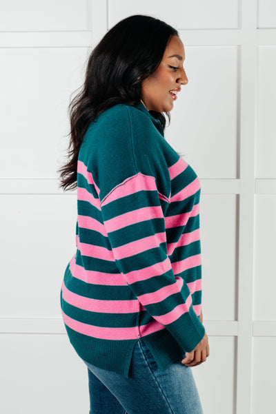 Well Situated Striped Quarter Zip Sweater in Green and Pink Ave Shops