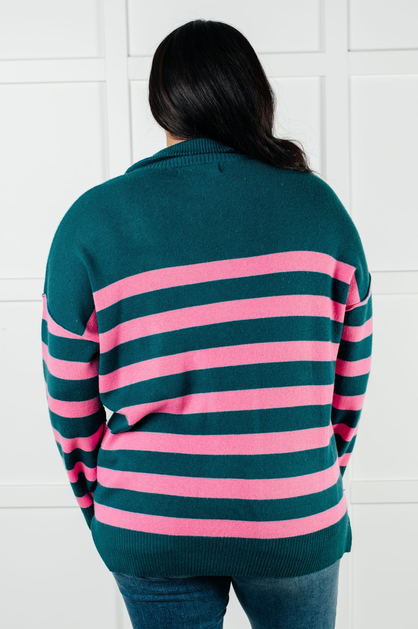 Well Situated Striped Quarter Zip Sweater in Green and Pink Ave Shops