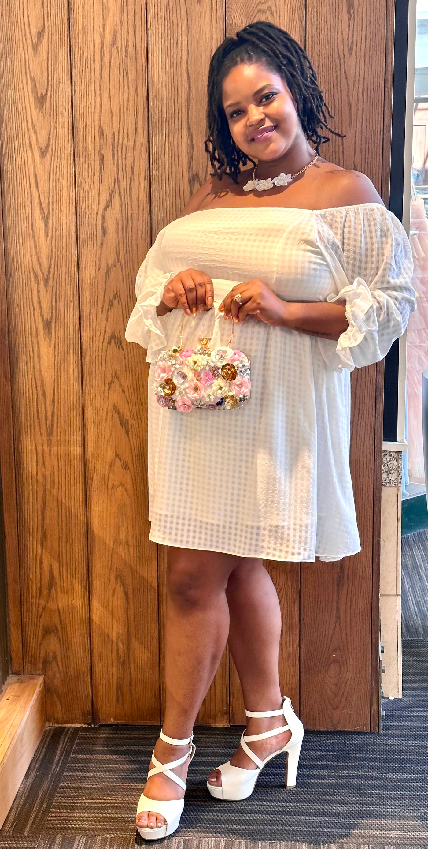 White Gingham  plus size Midi Dress