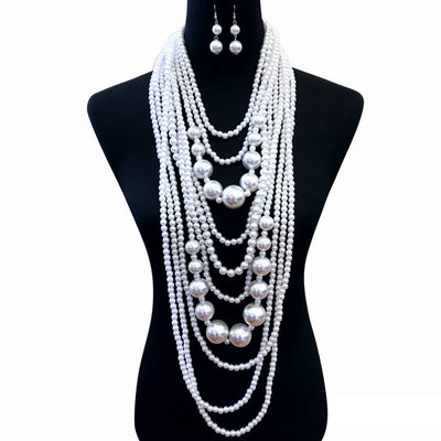 Long Chunky White Pearl Necklace Set - B. Royal Boutique