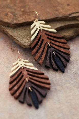 Wood leaves statement earrings